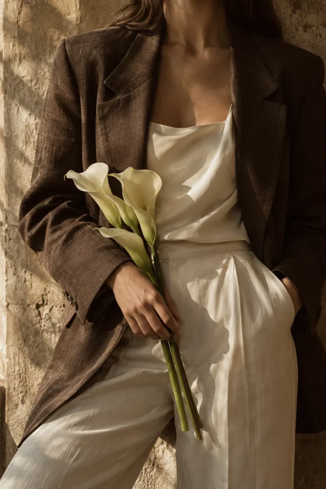 Gegenereerd modebeeld: bruin linnen jasje en witte bloemen