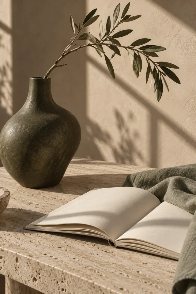 Gegenereerd stilleven: olijfgroene vaas, linnen en een kunstboek